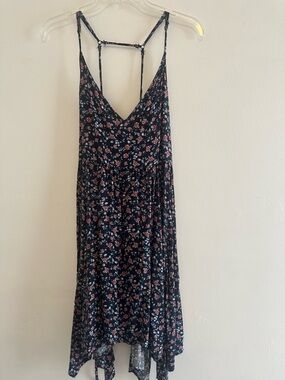 Hollister Black Floral Asymmetrical Midi Dress with Pink & Blue Print